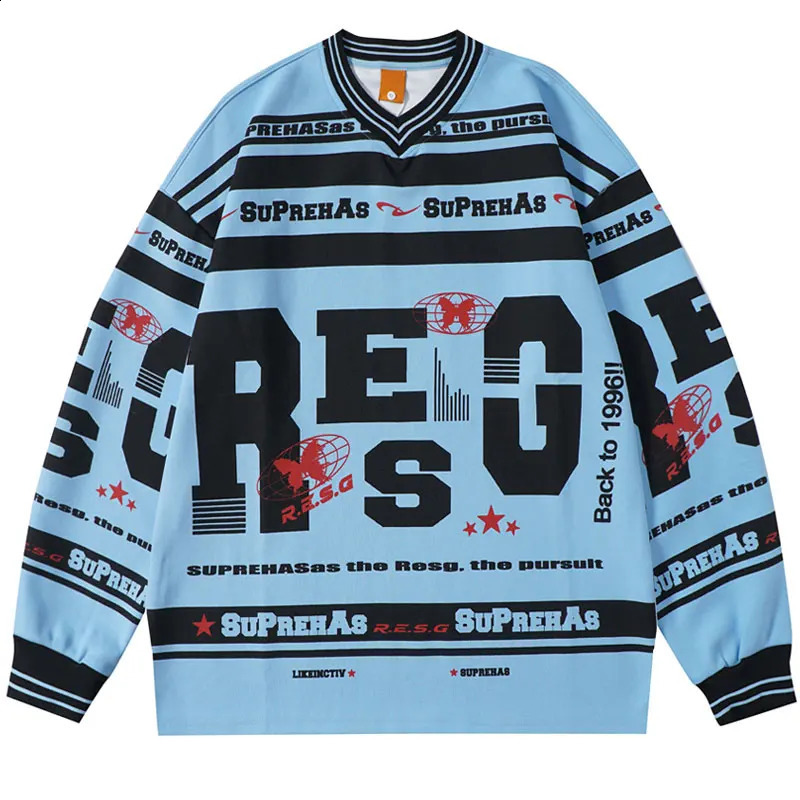 Vintage Oversized Shirts Y2K Graphic Stripe Printed Punk Gothic Long Sleeve Tshirt Streetwear Hip Hop Casual Baggy V-Neck Tops