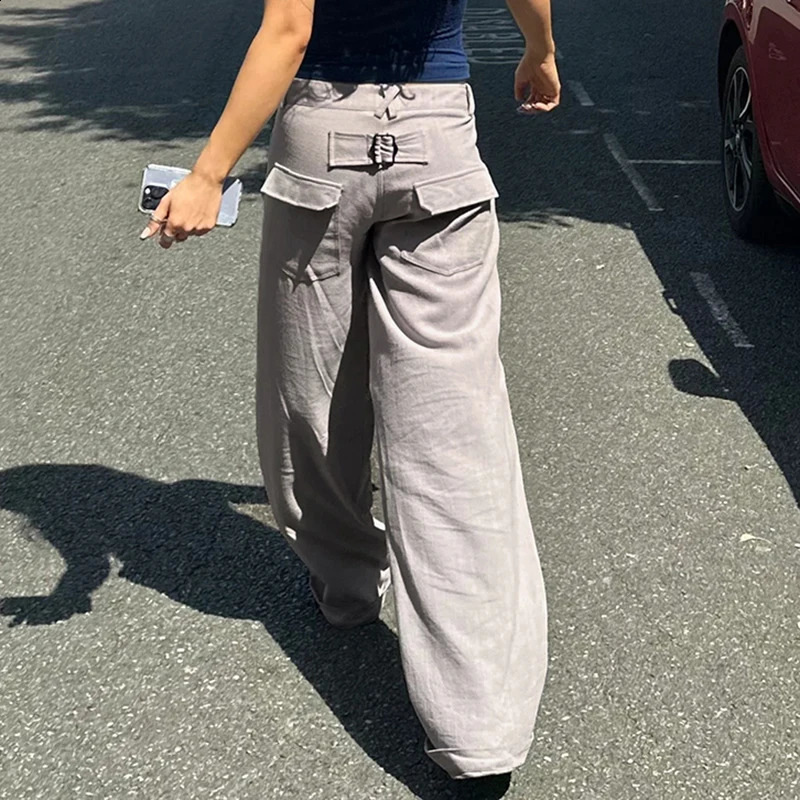IAMTY Vintage Multi Pockets Cargo Pants Grey Wide Leg Straight Sweatpants Y2K Streetwear Loose Trousers Chic Bottoms Women 240821