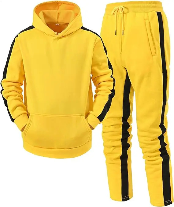 Mens Hooded Sweatshirts Set Solid Color Jogging Tracksuit Long Sleeve Suit Hoodies Trousers Yellow Casual 240822