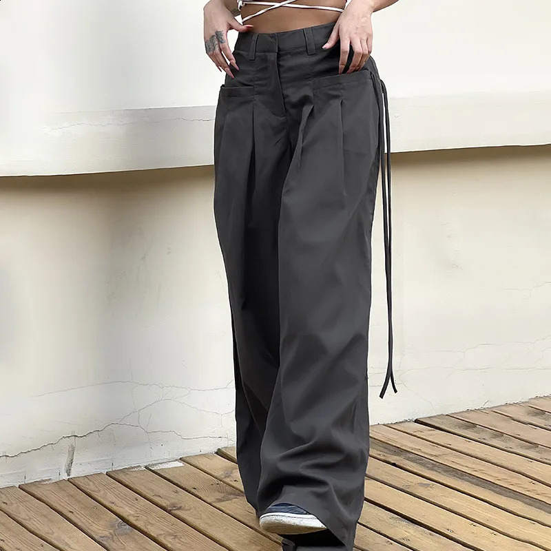 Grey Cargo Korean Fashion Lace Up Pocket Low Rise Casual Pants Women Streetwear Sweatpants Y2k Aesthetic Trousers 240821