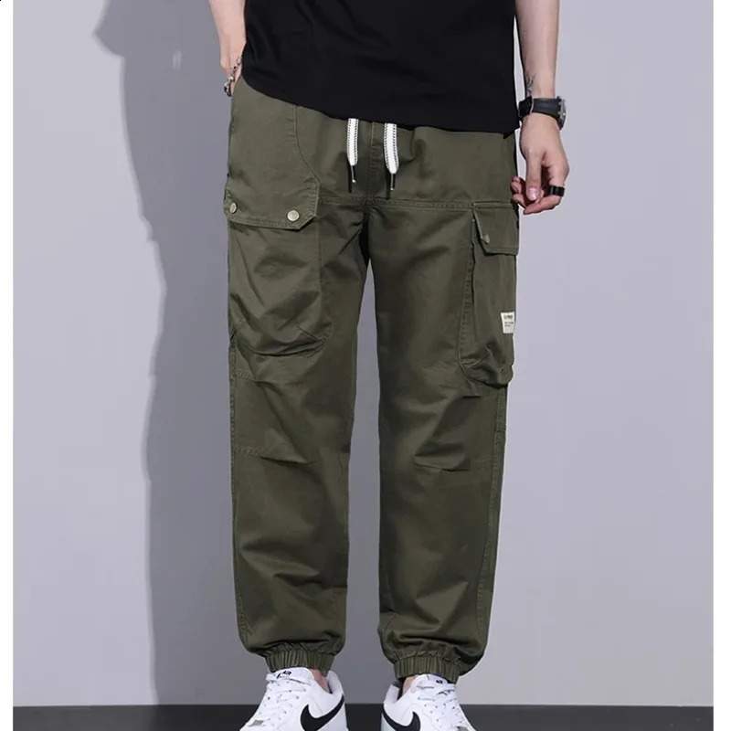 Mens preparatory style pocket casual solid workwear sporty Haaland lantern tie Trouser elastic high waisted spring and autumn pants 240821