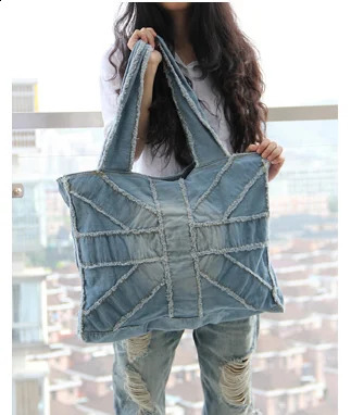 European and American fashion women shoulder bag denim bag washed rice word bag fitness bag travel bag 240821