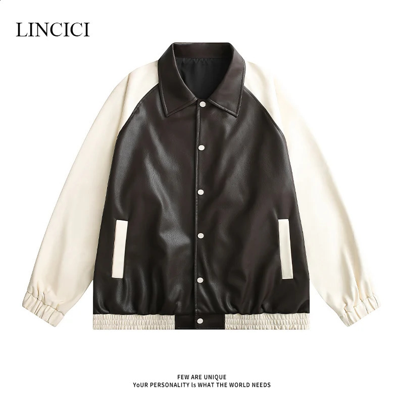 Autumn Loose Mens Retro Leather Jacket with Color Blocking and Hidden Button n Unisex Solid Color Youth Jacket 240822