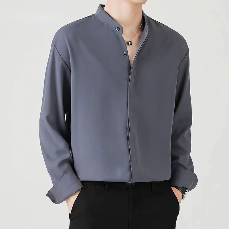 High Quality Korean Fashion Stand Collar Shirt Men Long Sleeve Solid Color Business Casual Loose Simple Shirts for Men 240822