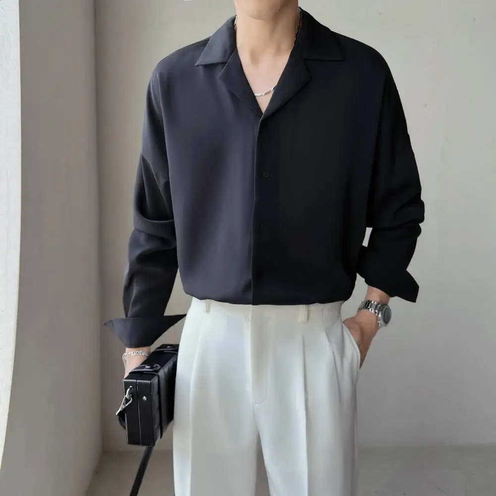 Men Loose Fit Shirt Men Business Shirt Mens Loose Fit V Neck Business Shirt with Long Sleeves Solid Color Formal for Spring 240822