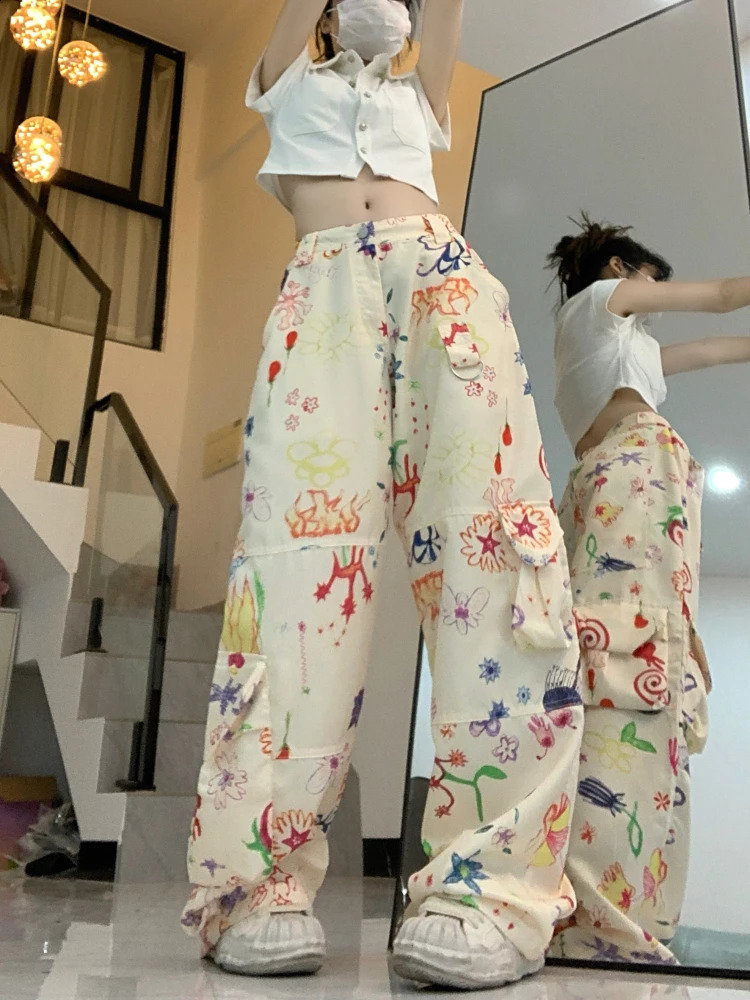 ADAgirl Vintage Baggy Cargo Pants Women Y2k Fashion Straight Flower Pattern Low Waist Casual Sweatpants Hip Hop Slouchy Trousers 240821