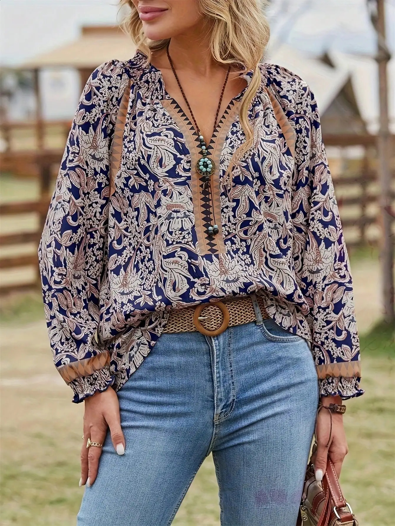 Womens SpringSummer Bohemian Printed Long Sleeve Tuned Shirt 240822