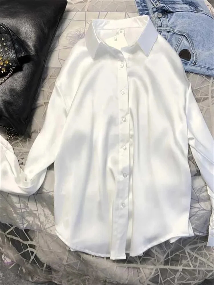 Eotvotee satin long sleeved shirt button top womens elegant highquality office silk 240822