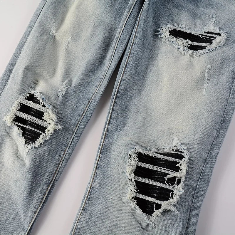 Men Leather Patches Denim Jeans Streetwear Holes Ripped High Stretch Pants Light Blue Skinny Tapered Trousers 240821
