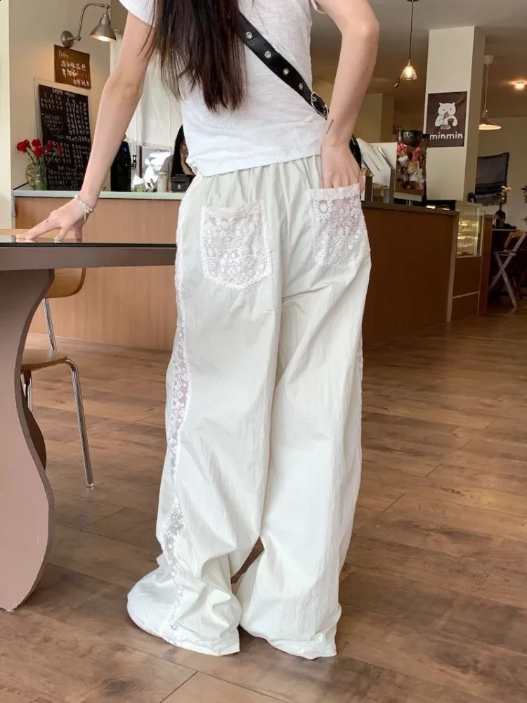 ADAgirl Beige Striped Wide Leg Pants for Women Lace Patchwork Straight Trouser Elastic Waist Summer Fashion Casual Bottoms Mujer 240821
