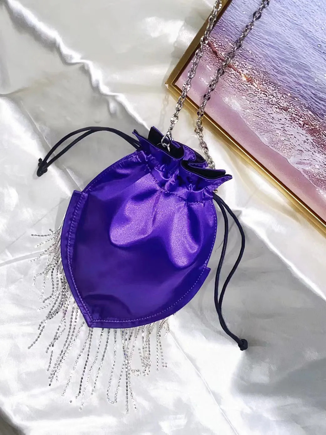 Fashionable shiny dress wallet edge tassel diamond satin ball evening bag womens Crsosbody handbag clutch bead 240821