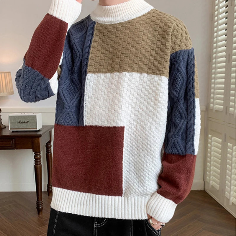 Vintage Patchwork Mens Sweater Pullovers Autumn Winter Fashionable Contrast Color Knitted Slim Jumpers Men Daily Casual Sweaters 240821
