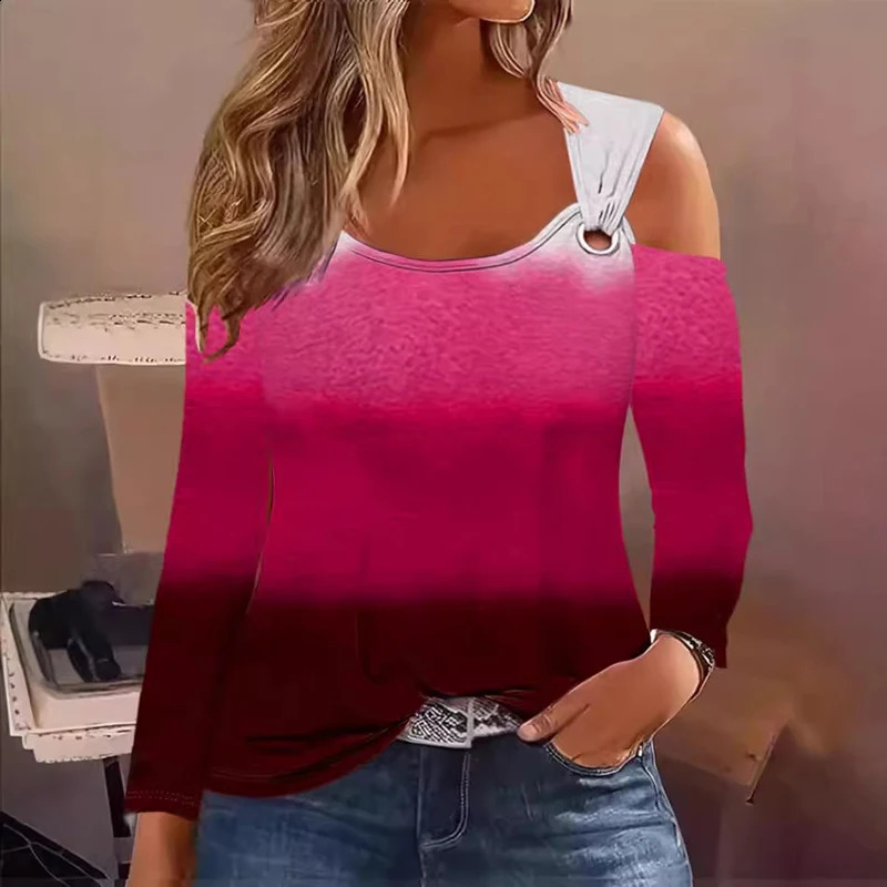 Spring and Autumn Sexy Womens Elegant Top Shoulder Long Sleeve Printed Fashion Shirt 240822