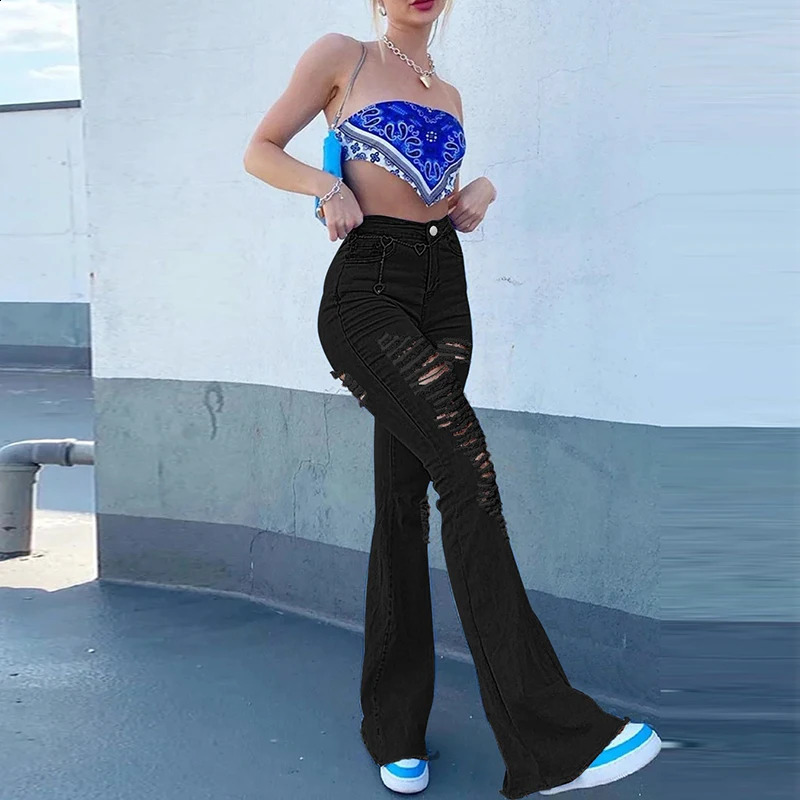 Women High Waist Black Flare Jeans Lady Bell Bottom Ripped Denim Pants Streetwear Distressed Classic Full Length Long Trouser 240821