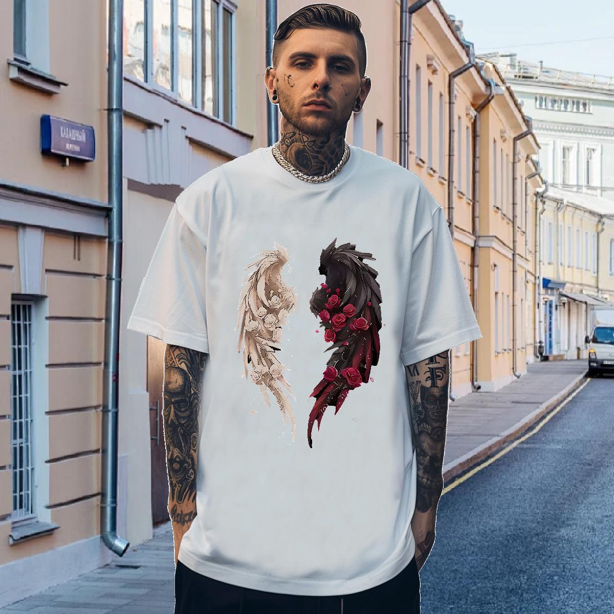 Casual New Men Tops Tees 230g Cotton Hip Hop wing Crew Neck Breathable Man T Shirts Comfortable Black Oversized Clothings