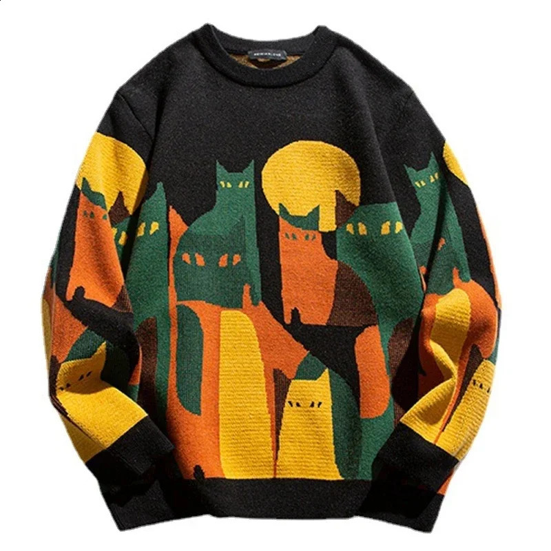 Autumn Harajuku Knitted Sweater Mens Winter Cartoon Full Cat Print Pullover Retro Elastic 240821