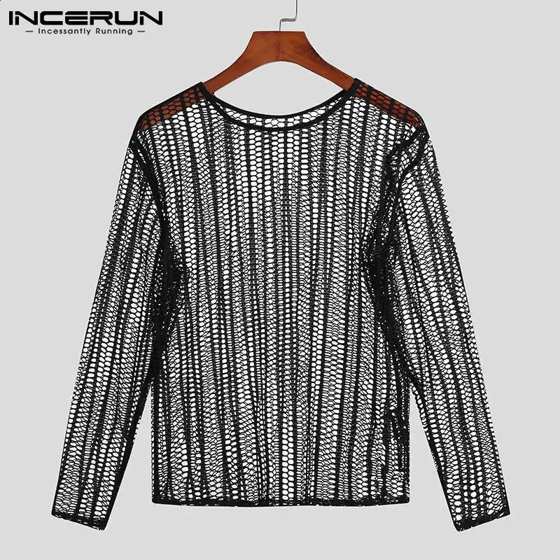 INCERUN Mens Mesh Tshirt Transparent Sexy Oneck Long sleeved Street Clothing Solid Party Nightclub Camisetas S5XL 240822