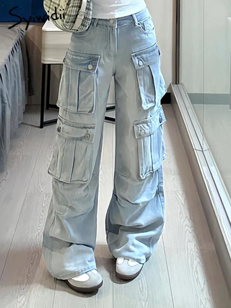 Mid Women Waisted Korean Vintage Straight Strtwear Loose Multiple Pockets Jeans Z260313