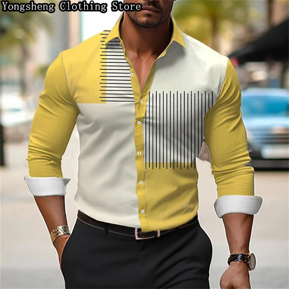 Mens long-sleeved ice silk printed shirt European -selling irregular striped splicing casual business clothing 240822