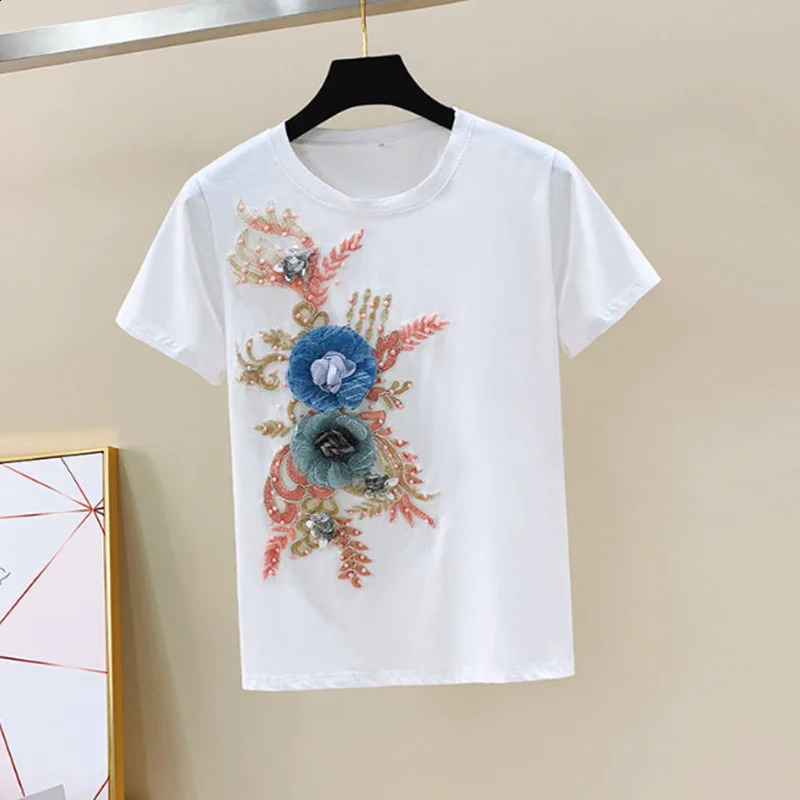 One-Piece/Set Summer Women Denim Pants Beaded Embroidery Short-Sleeved Small Feet Hole Jeans Female Two-Piece Suit425 240822