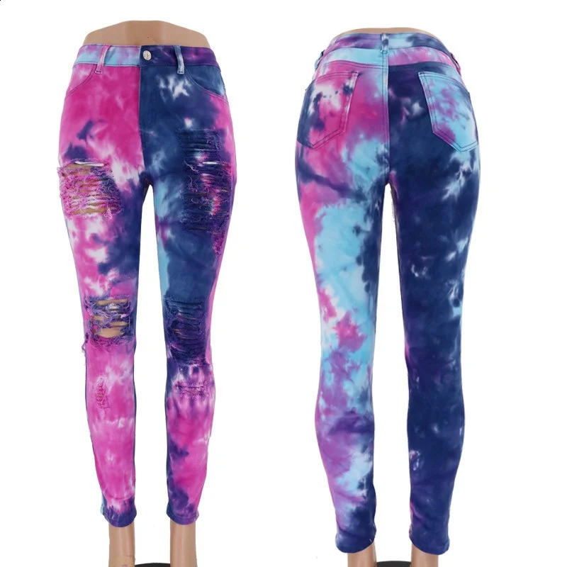 Womens Wash Light Leggings Color Dye Printing Two Color Gradient Tie Dye Denim Pants Woman Hipster Baggy Trousers Ropa De Mujer 240821