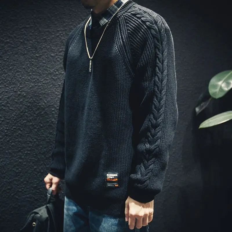 Mens black collar knitted sweater mens plain weave icon pulled warm selling product Korean coat mode A 240821