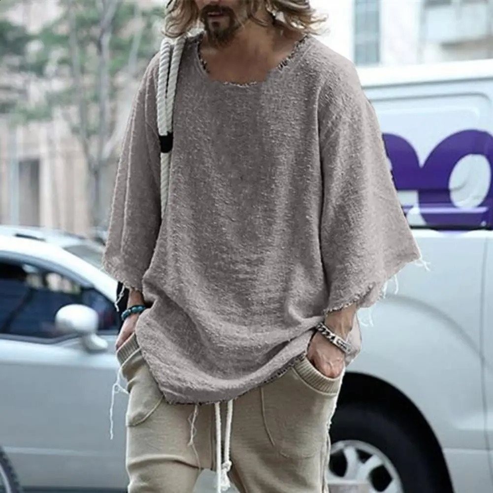 Mens solid color loose streetwear long sleeved burr edge top used for dating mens pull-out streetwear Ropa 241118CJ