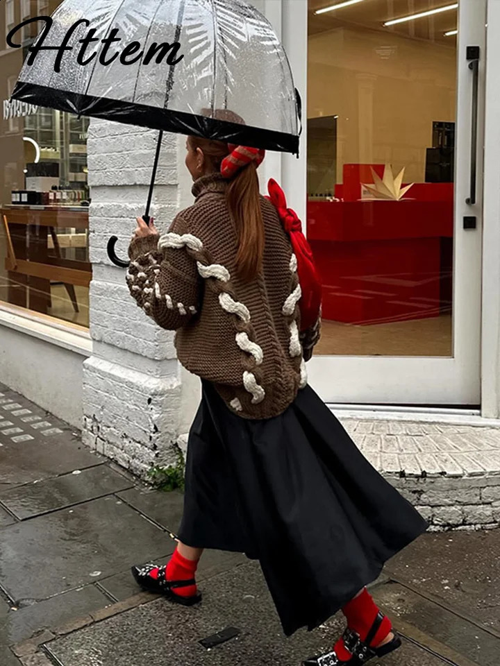 Lazy High Neck Knit Pullover Women Loose Kink Contrast Long Sleeve Sweater Female 2024 Autumn Lady All Match Jumpers 240821