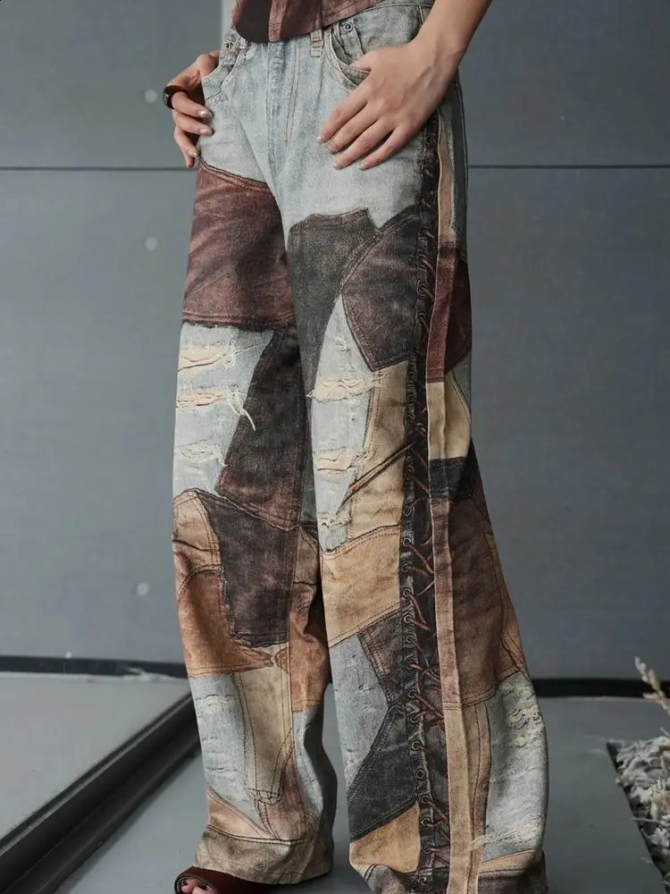 Yao888 Fashion Niche Graphics Print Casual Pants Vintage Streetwear Loose All Match Trousers Y2k Retro Jeans For Men 240812