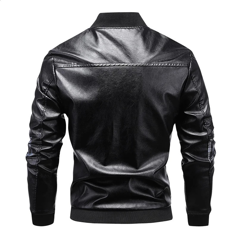 Autumn Side Plaid Spliced Leather Jacket Men Stand Collar Slim Pu Leather Jacket Fashion Motorcycle Causal Coat Winter Mens Coat 240822
