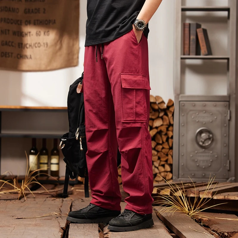 Street pleated mens pants fashionable loose casual solid color cargo multi pocket 240821