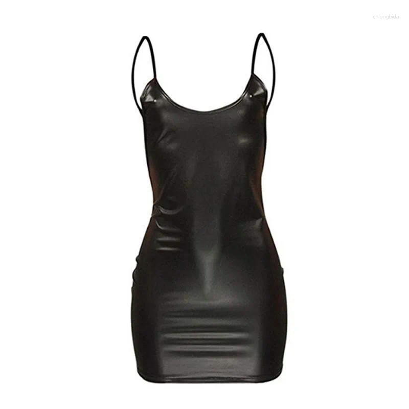Casual Dresses Sexy Faux Leather Dress Backless Club Party Short Solid Black Wet Look Latex Bodycon Push Up Bra Mini Micro