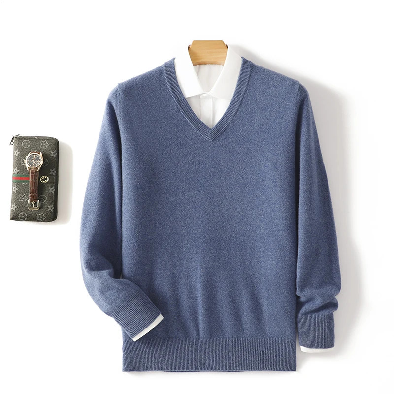 Autumn and winter cashmere sweater 100% pure wool mens Vneck knitted fleece classic solid color fashion 240821
