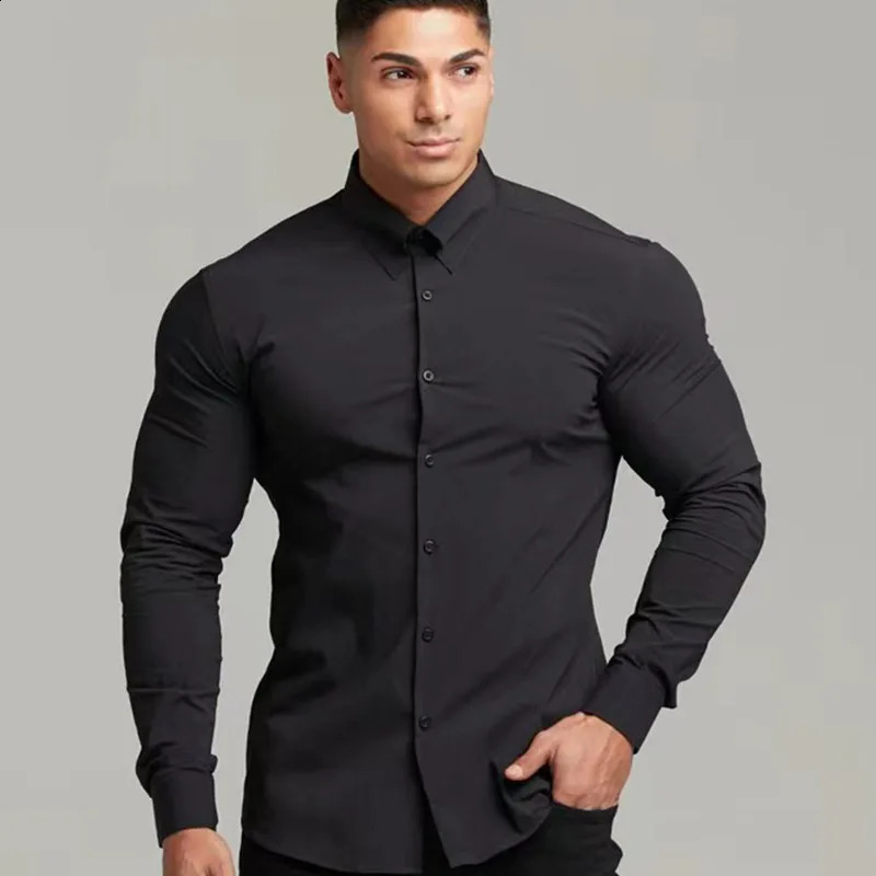 Mens Dress Shirt Long Sleeve Spring Autumn Fashion Non-Iron Social Business Solid Mercerized Vertical Black Fitness Clothing6XL 240822