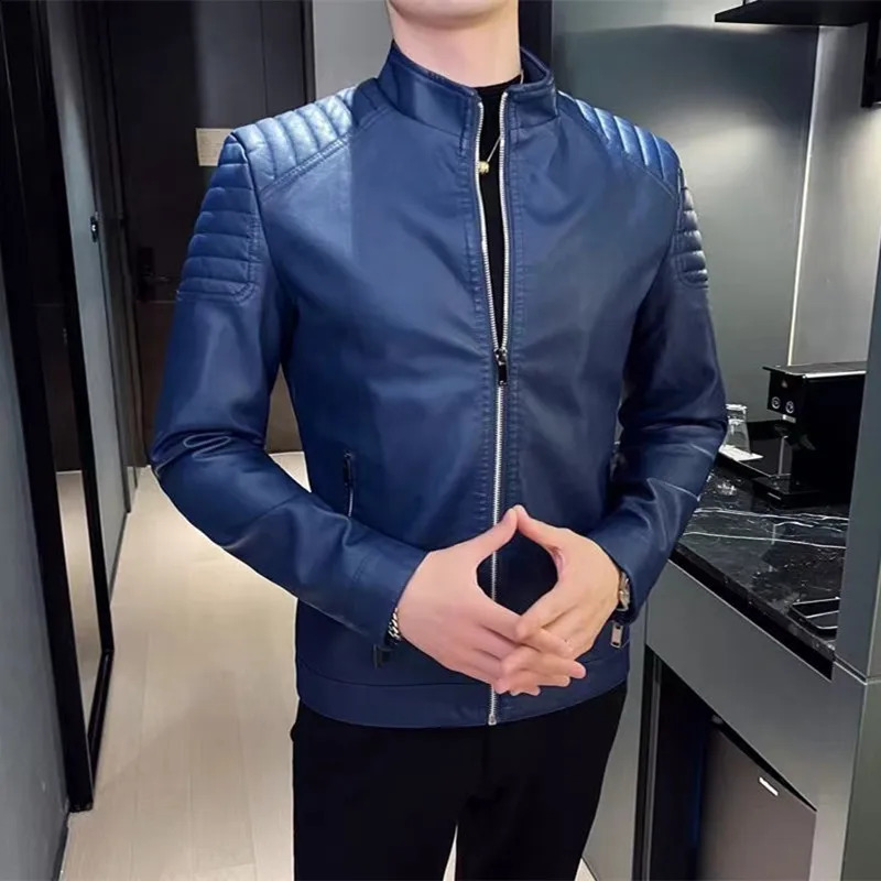 Motorcycle PU Leather Jacket Men Blue Leahter Jacket Male Stand Collar Casual Windbreaker Trendy Mens Clothing 240822