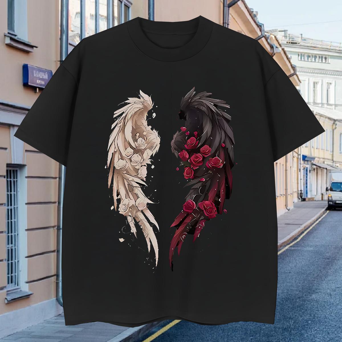 Casual New Men Tops Tees 230g Cotton Hip Hop wing Crew Neck Breathable Man T Shirts Comfortable Black Oversized Clothings