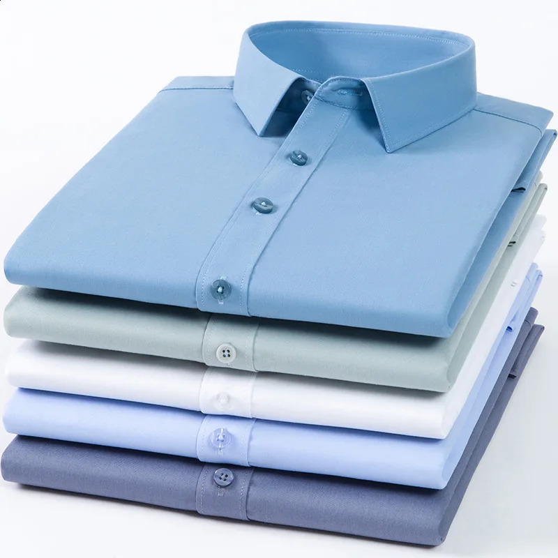 Elastic long sleeved white shirt for mens suit business dress casual silk smooth and wrinkle resistant bamboo fiber shirt 240822