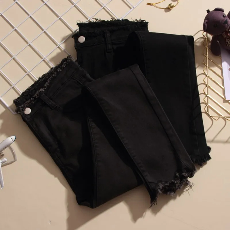 Spring 5XL Stretch Womens Jeans Streetwear Black Sexy Slim Tassel Skinny Pencil Pants Casual Female Denim Trousers 240821