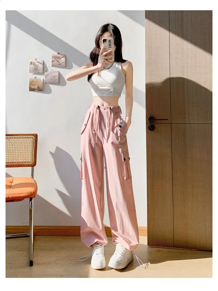 Women Casual Joggers Tech Pants Solid Low Waist Pants Drawstring Wide Leg Baggy Trousers Y2k Streetwear Oversize Sweatpants S-XL 240821