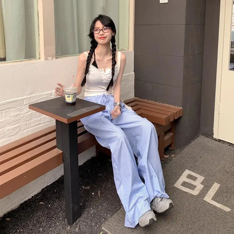 QWEEK Blue Stripe Wide Leg Pants Korean Style Thin High Waist Trousers Loose Casual Pantalones Summer Y2k Clothing 240821