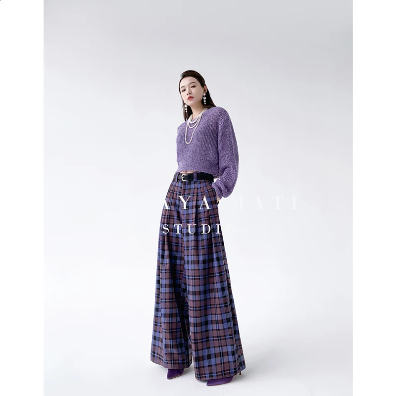 Purple Plaid Pants For Women Casual Korean Fashion High Waist Wide Leg Y2k Streetwear Vintage Loose School Trousers Summer 240821