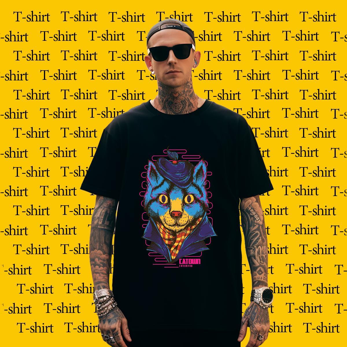 Comfortable Men Tops Tees Daily Outfit 230g Cotton White Plus Size Short Sleeve Soft Blue cat T Shirts Men 2024 Summer Clothes