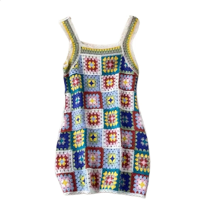Summer Beach Skirt Bikini Crochet Flower Short Skirt Sleeveless Sling Dress H7EF 240821