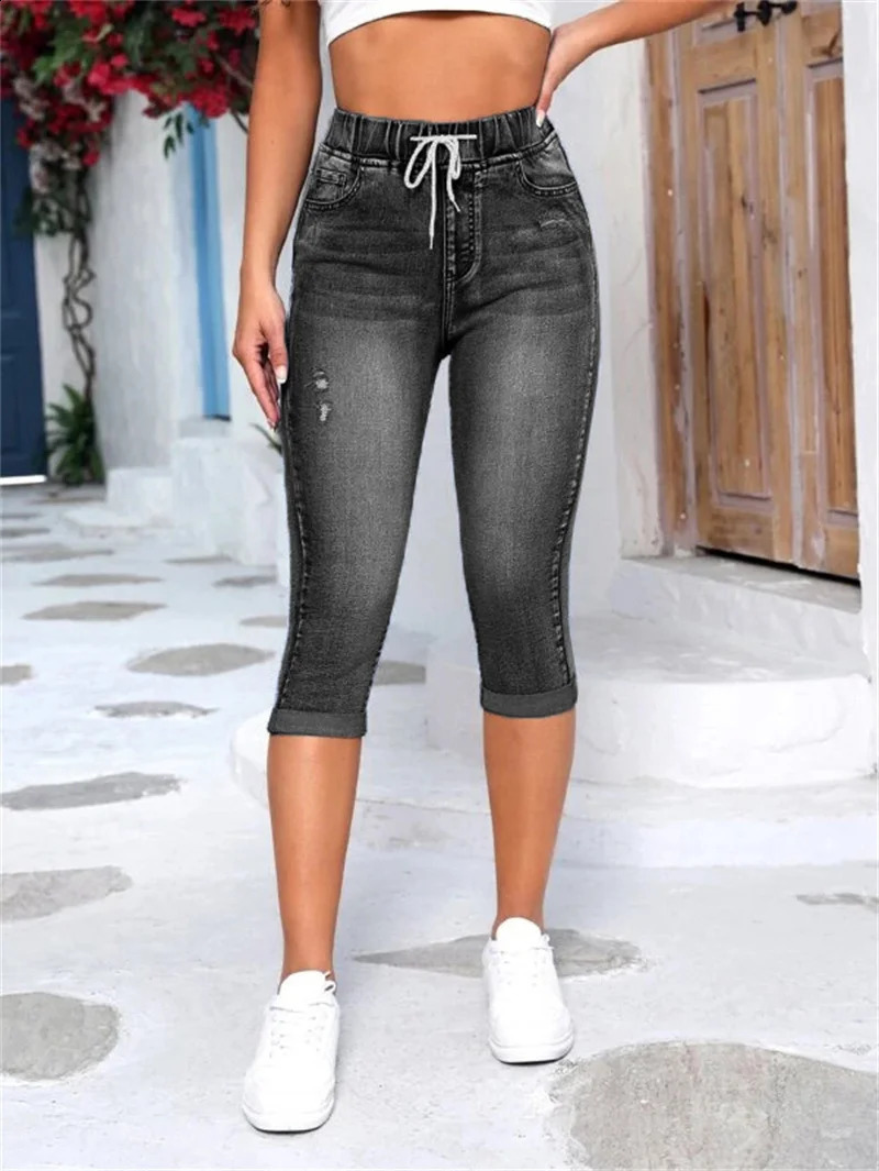 Summer Womens Elastic Waist Black Ripped Jeans Fashion High Stretch Calf-Length Denim Pencil Pants S-2XL 240821