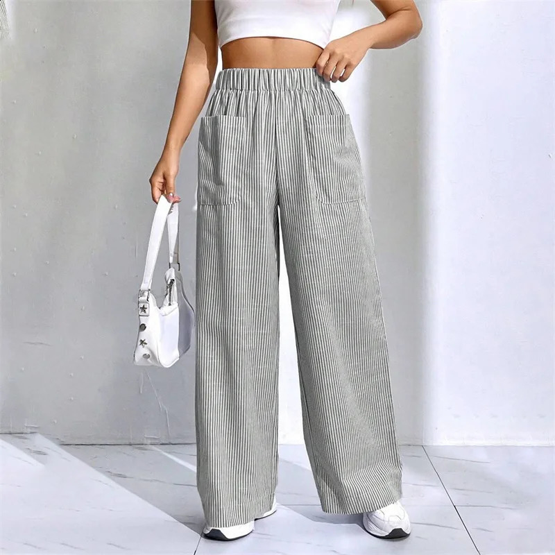 Lamuusaa Women Wide Leg Pants Summer Striped Elastic High Waist Loose Lounge Trousers with Front Pockets y2k Clothing Streetwear 240821