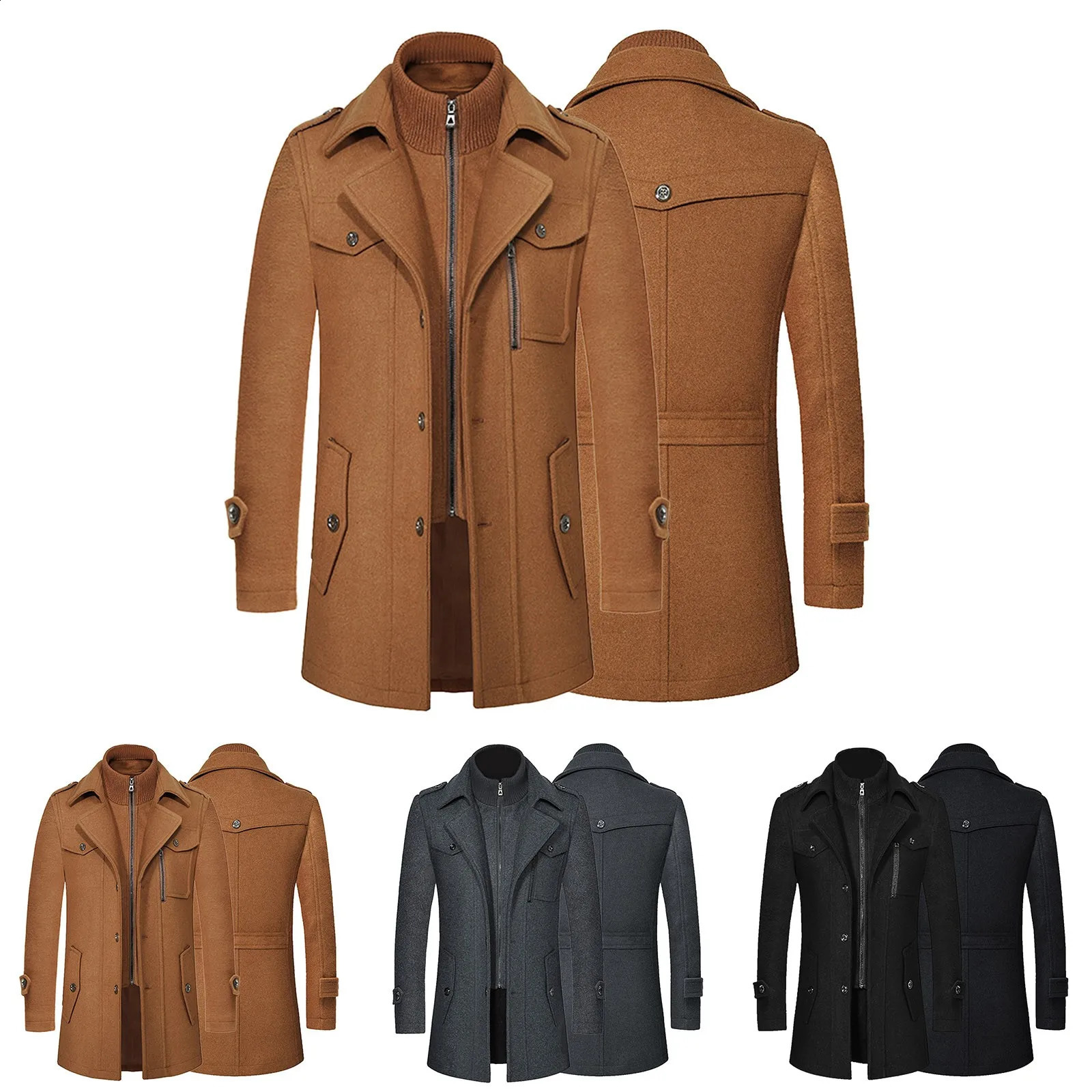 Mens Windbreaker Jacket Winter Autumn Mens Long Windproof Wool Coat Male Solid Simple Casual Thick Slim Fit Trench Jackets 240822