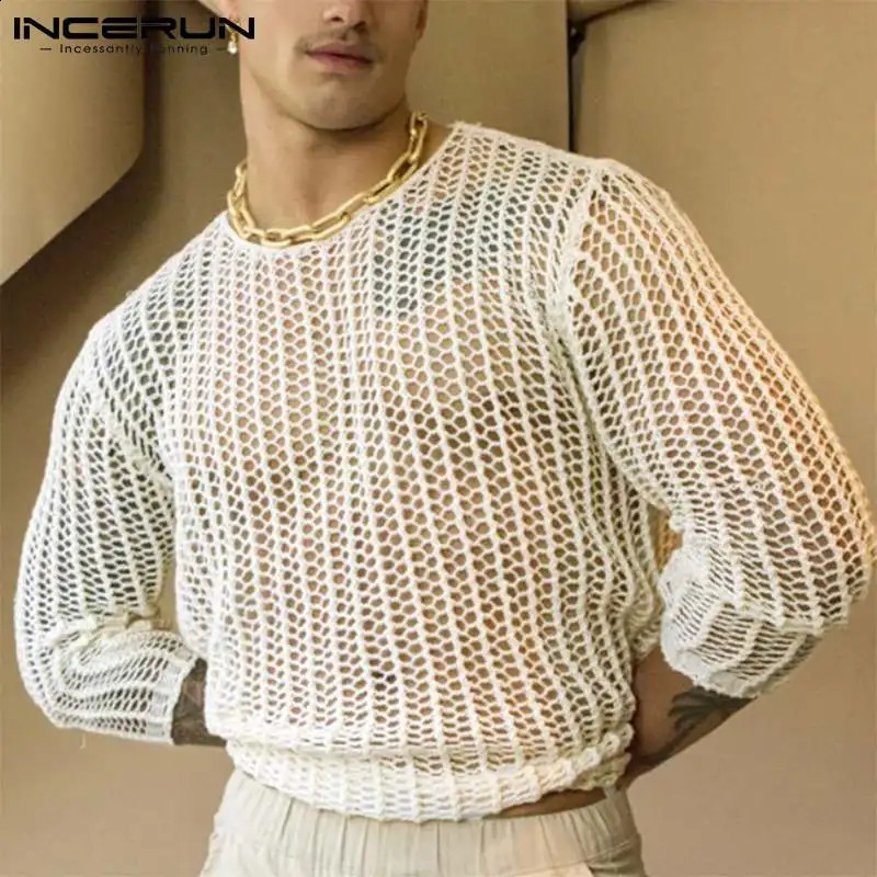 INCERUN Mens Mesh Tshirt Transparent Sexy Oneck Long sleeved Street Clothing Solid Party Nightclub Camisetas S5XL 240822