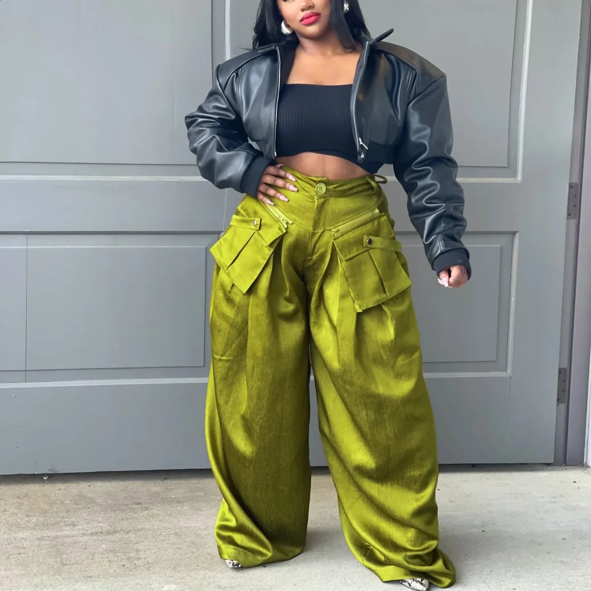 Fashion Satin Stretch High Waist Casual Cargo Pants Women Wide Leg Pants with Detachable Pocket 240822
