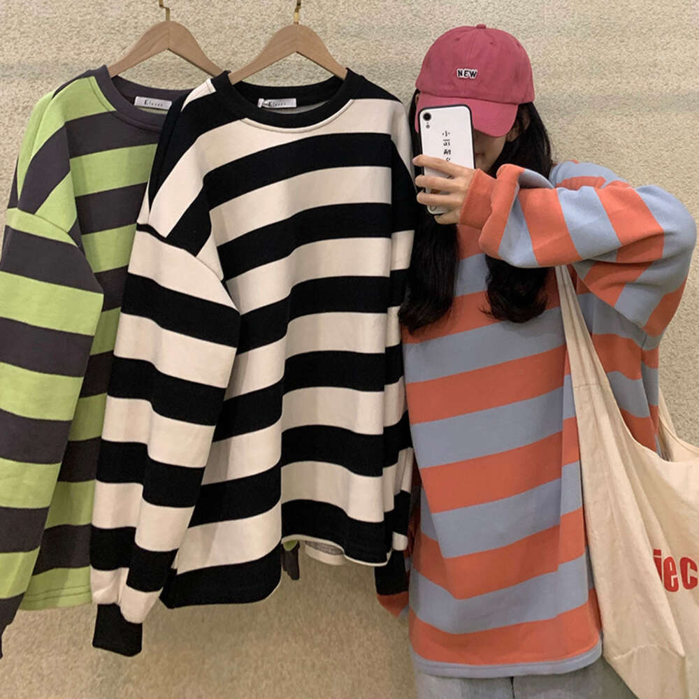 Spring and Autumn New Korean Edition BF Style Loose Striped Sleeve for Women, Mid to Long Length Hoodie dongdumaoyi