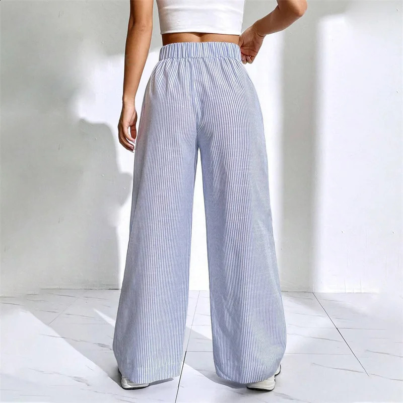 Lamuusaa Women Wide Leg Pants Summer Striped Elastic High Waist Loose Lounge Trousers with Front Pockets y2k Clothing Streetwear 240821